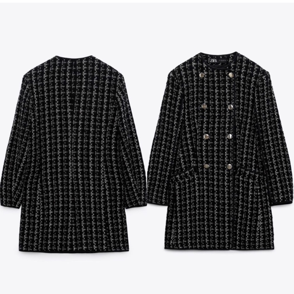 Zara Womens Tweed Woven Button Down Coat Black White SZ. M